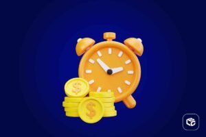 Despertador laranja com moedas de dólar, simbolizando economia de tempo e dinheiro.